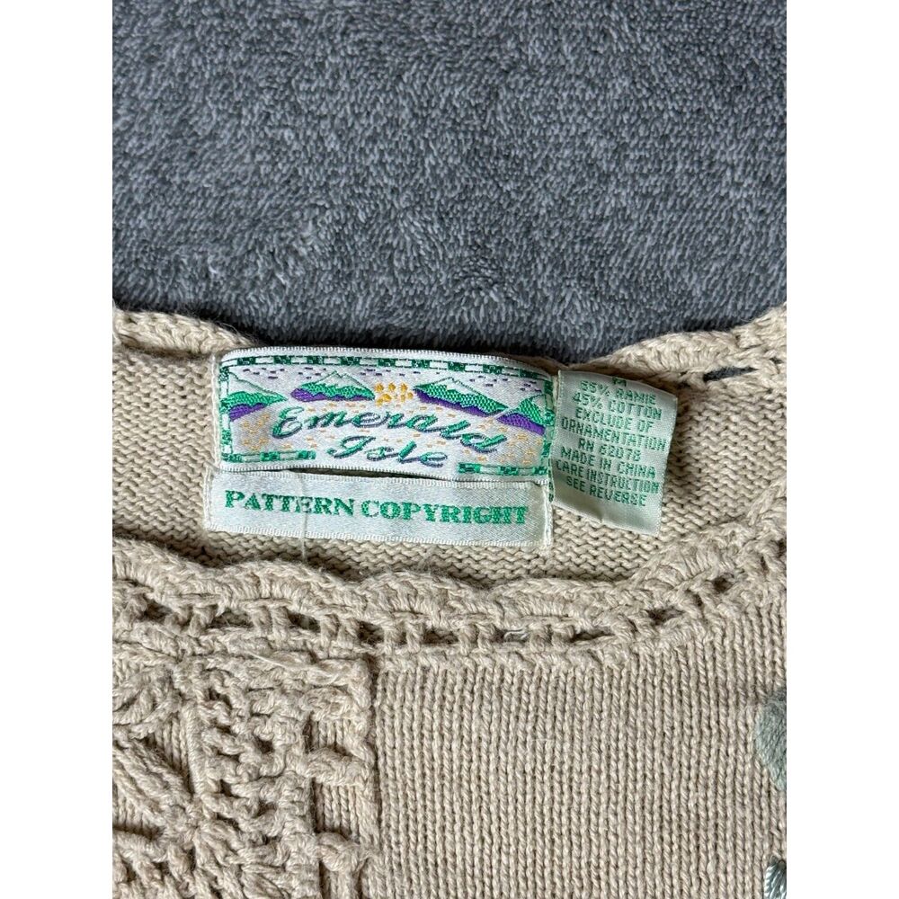 Emerald Isle Floral Patchwork Knit Sweater Beige Cottagecore Vintage Size M - Picture 6 of 8